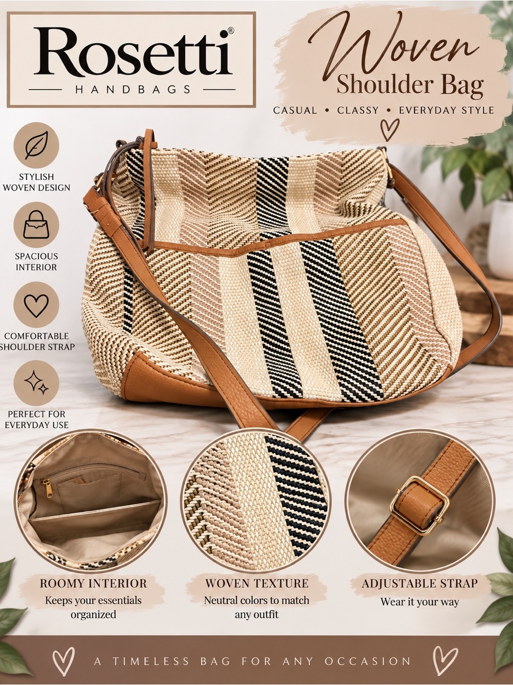 Rosetti Beige, Tan & Black Woven Shoulder Bag